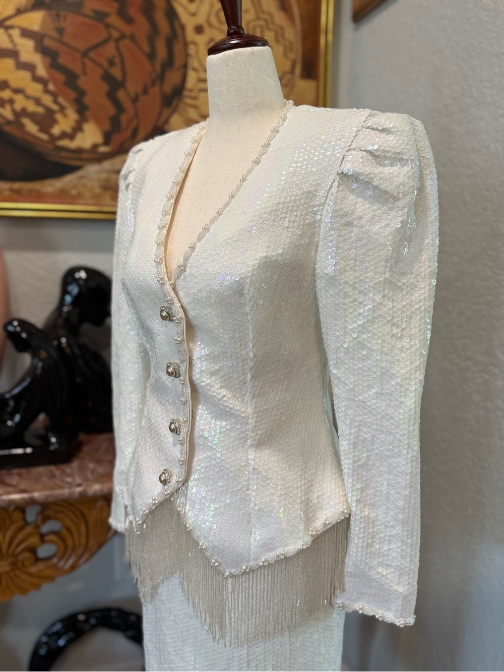 VTG Lillie Rubin white sequin and fringe jacket and skirt set